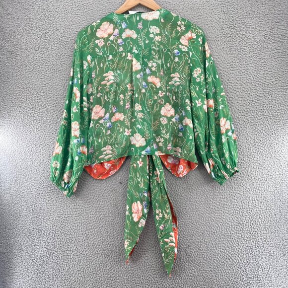 Anthropologie Mare Mare Top Womens L Green Floral Long Balloon Sleeves Tie Front - Picture 11 of 12